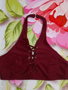 (1200)Burgundy Halter Lace-Up Top