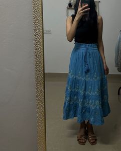 Linen Blue Embroidered A-Line Skirt