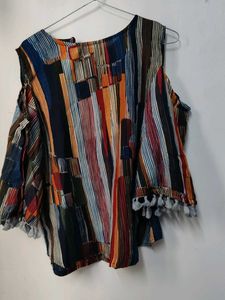 Striped Cold Shoulder Tassel Top