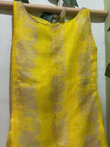 Yellow Organza Boat Neck Kurti