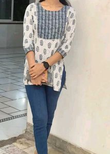 Casual Printed Women White, Light Blue Short Kurti