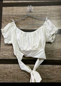 White Off-Shoulder Tie Top