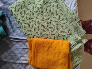 Green Floral saree with yellow dupatta combo