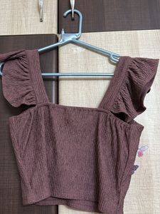 Brown Ruffle Sleeve Crop Top