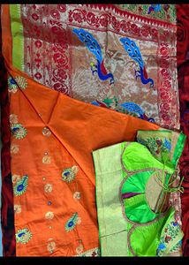 Beautiful Orange Paithani with stiched blouse