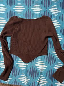 Brown Ribbed Long Sleeve Top