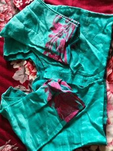 sea green n pink cotton silk saree with blouse