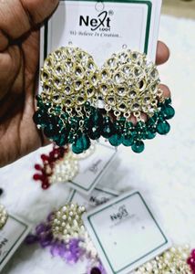 Golden Kundan With Green Beads Earrings
