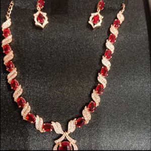 GIVA 925 Silver Rose Gold Ruby Necklace Earing Set
