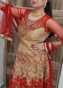 Elegant Gold &amp; Red Anarkali