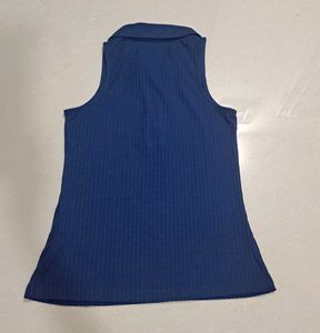Navy Ribbed Zip-Up Sleeveless Top