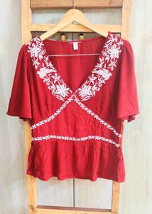 Rust Colour Embroided Cotton Top Si,e-34