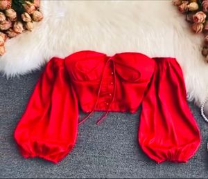 Satin Red Off Shoulder Crop Top