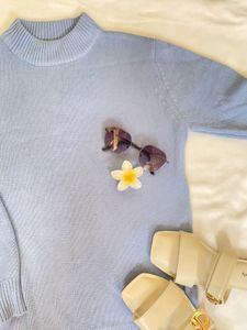 Blue Knit Turtleneck Sweater