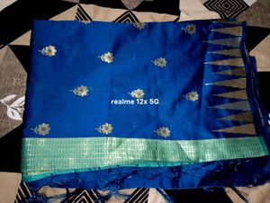 Beautiful Blue Sari with Floral Embroidery