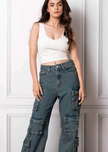 Blue Washed-6 pocket cargo jeans