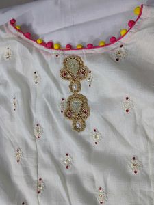 White Embroidered Top with Pom-Pom Detail