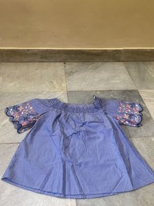 Blue Off Shoulder Embroidered Sleeves Top