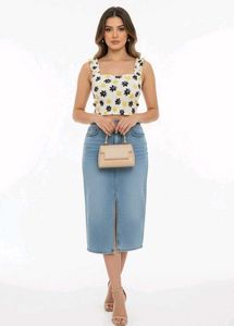 zara floral Crop Top & Denim Skirt