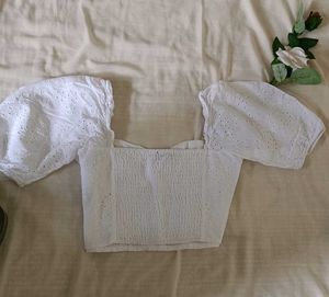 Eyelet Puff Sleeve Crop Top