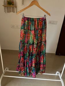 Leafy Print Tiered Chiffon Long Skirt