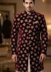 Elegant Maroon Velvet Sherwani Set