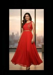 Red &amp; Gold Embroidered Anarkali Dress