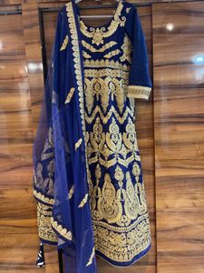 navy blue with gold work full sleeves frock