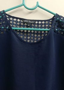 Navy Blouse with Lace Shoulder Detail