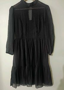 Ruffled Black Knee Length Dress