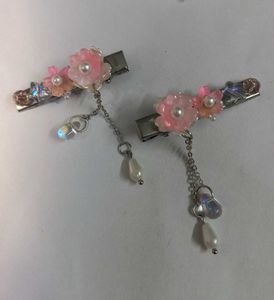 Pair of Blush Bloom Hair Clips with Hanging Pearls