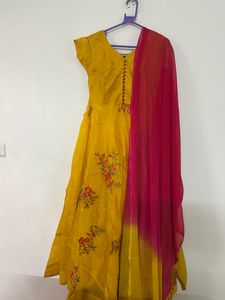 Yellow Floral Cotton Anarkali Kurta With Dupatta