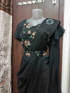 Elegant Black Saree with Floral Details And Belt