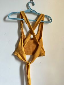 Mustard Ribbed Tie-Back Crop Top