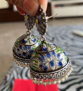 Hand Painted Blue Meenakari Big Jhumka