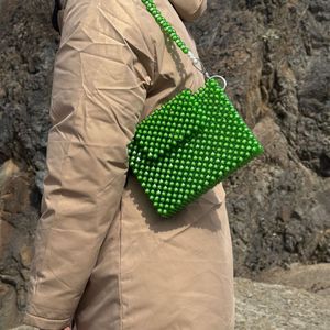 Green Handmade Beaded Bag With Metal Locks And