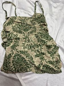 Green &amp; Beige Damask Tiered Maxi Dress Backless