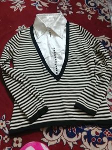 Striped Knit Top with Collar