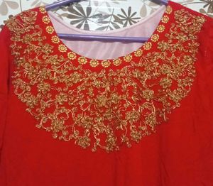 Elegant Red Embroidered  gold embroidery gown