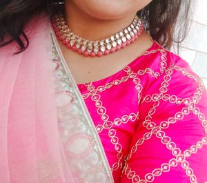 Pink Necklace Set With Earrings &amp; Mangtika