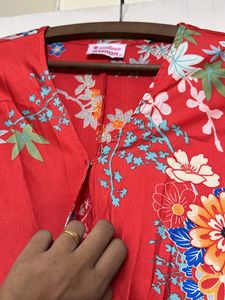 Red Floral Flared Sleeves Wrap Top