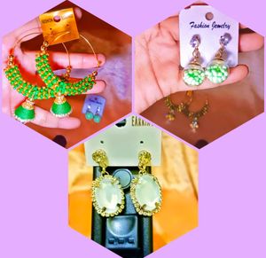 Combo Of Green Jhumka Bali With Rainbow Purl Studd