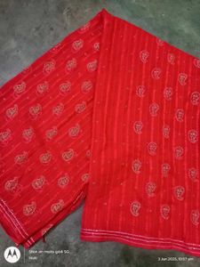 Bright Red Festive Printed Saree With Sequins