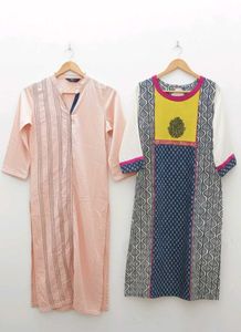 ✨ Multicolored Embroidered & Peach Kurta Pack Of 2