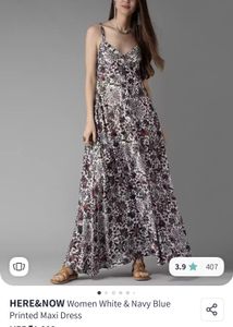 HERE&amp;NOW Women White &amp; Navy BluePrinted Maxi Dress