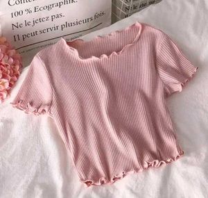 Pink Ruffle Trim Ribbed Knit Top