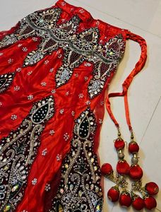 Red Wedding lehanga with stud work on Dupatta
