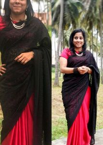 Black Lace Red Satin Saree