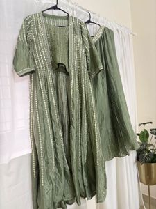 Elegant Green Crop top and skirt with overcoat Set