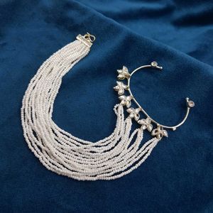 Gold plated kundan and pearl multi strand ear cuff